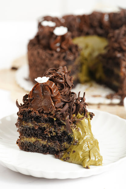 Volcán de chocolate y pistacho